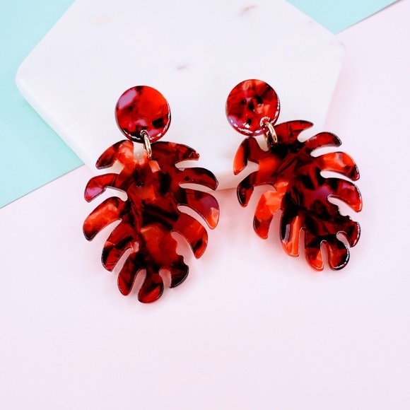 Jewelry - 5 for $25 Red Palm Leaf Acrylic Resin Earrings